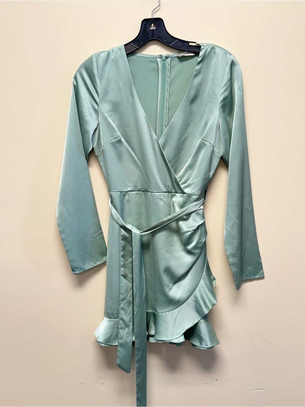 Altar'd State Mint Satin Wrap Romper with Ruffle Hem